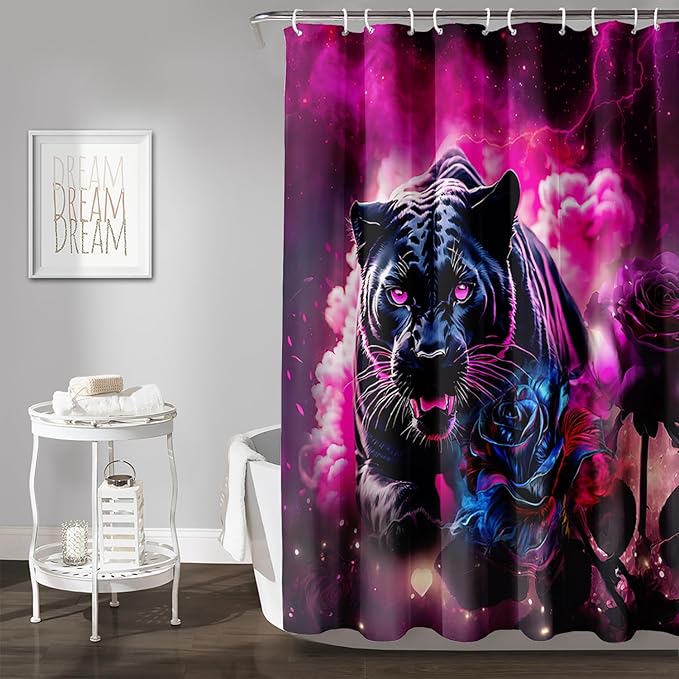 AILONEN 3D Black Panther Shower Curtain for Bathroom,Romantic Rose Smoky Leopard Printed Bath Curtain,Wildlife Cheetah Decoration Shower Curtain Waterproof 72" W*72" H