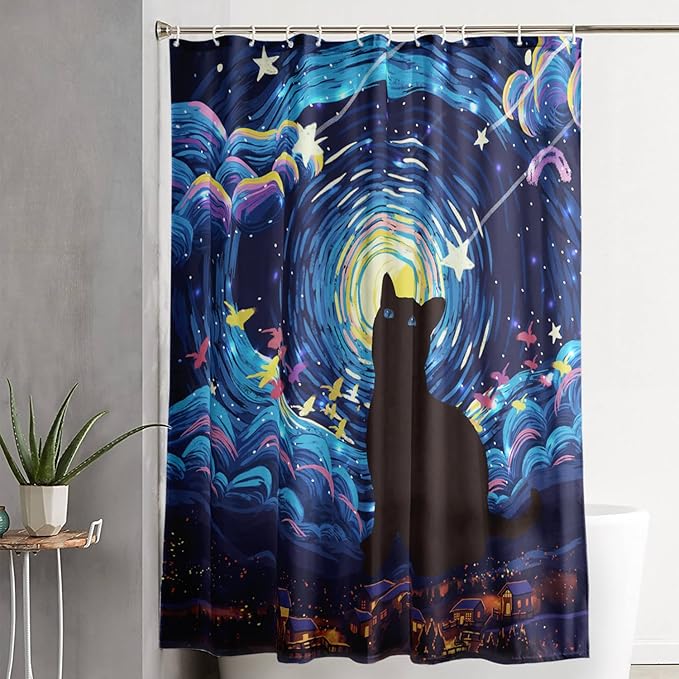 AILONEN Cartoon Black Cat Shower Curtain Set,Starry Night Bath Curtain for Kids Girls Boys,Country Style Shower Curtain,Cat Lovers Animal Shower Curtains for Bathroom Decor, 72" W*96" H