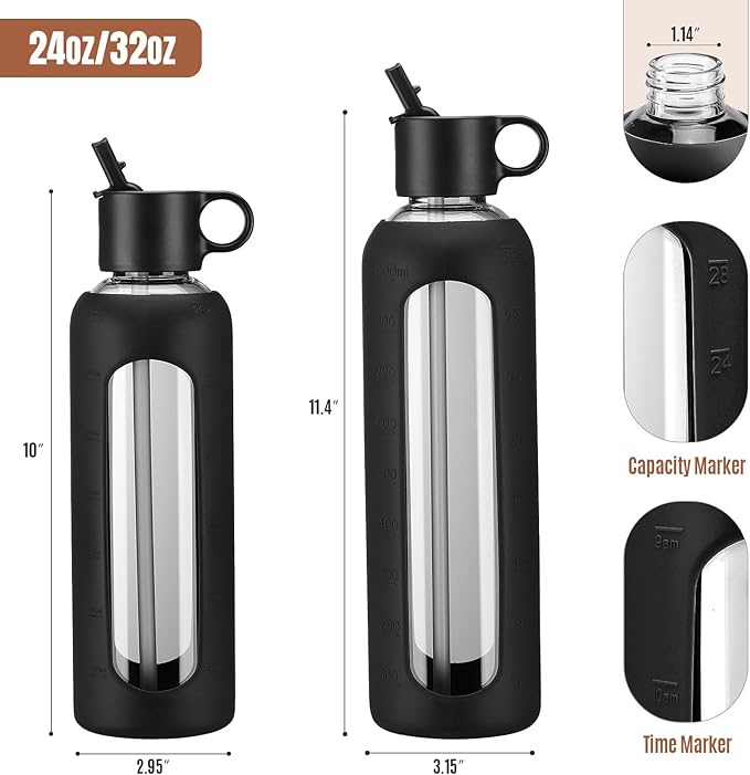 24oz Glass Water Bottle With 2 Lids-Flip Straw Lid, Bamboo Lid, Glass Water Bottle With Silicone Sleeve, Motivational Time Marker, Glass Juice Bottle for Cold Drink,Black