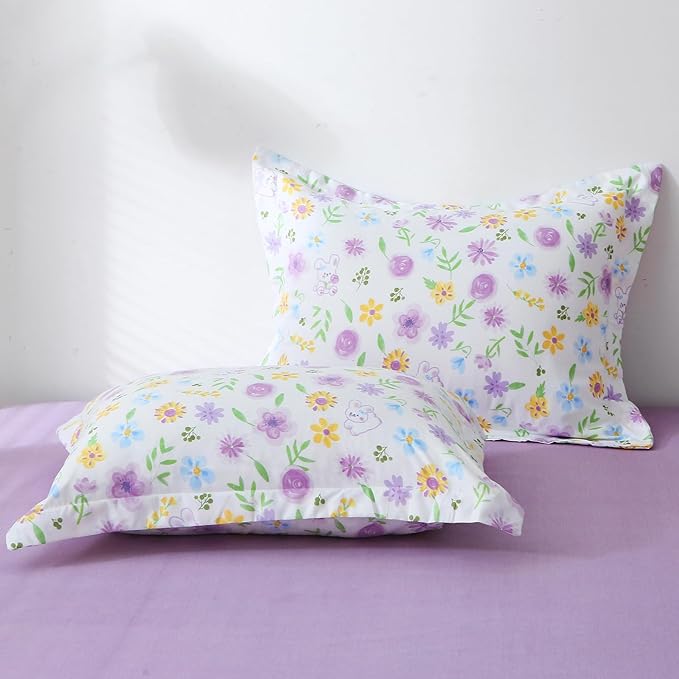 Wajade Floral Comforter Set Bed in A Bag Queen Size 7 Piece Purple Flower Green Leaves Rabbits Bedding Set for Girls (1 Comforter, 1 Flat Sheet, 1 Fitted Sheet, 2 Pillowcase and 2 Pillow Sham)