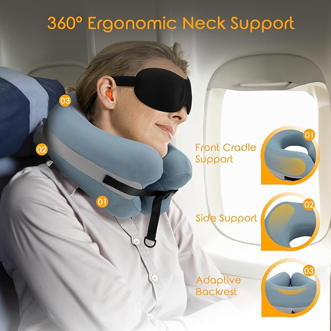 Travel Neck Pillow Premium Memory Foam, Head Support, Comfortable and Soft for Flight and Trip. Airplane Traveling Kit with Contoured Eye Mask, Triple Layer Earplug, and Travel Bag (Ice Blue)