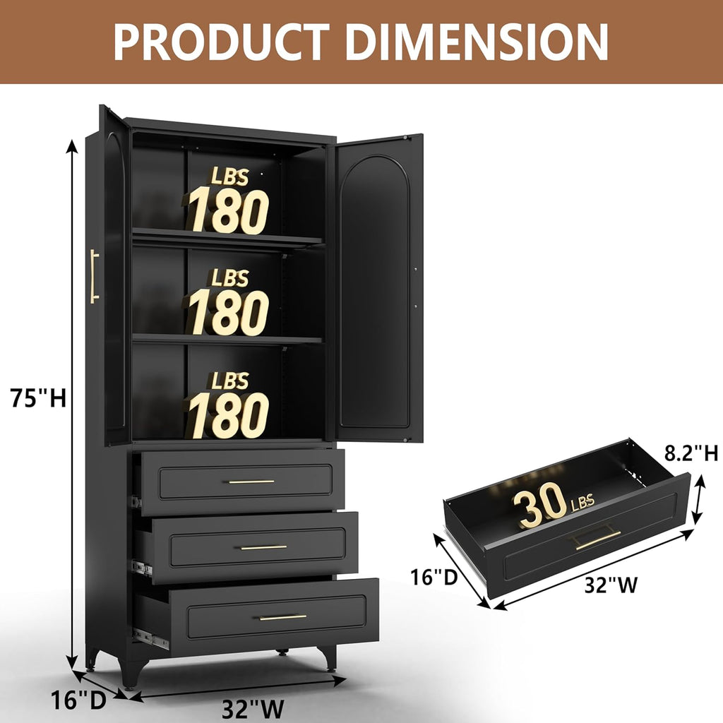 Kitchen Pantry Cabinet, 75" Tall Pantry Cabinet with Three Drawers, Freestanding Food Cupboard with Doors and Shelves, Metal Storage Cabinets for Dining, Living Room, Black, Assembly Required