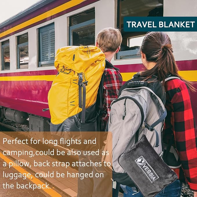 Vessia Travel Blanket for Airplane, Train and Car, Warm and Soft Travel Blanket and Pillow 2 in 1 for Adults and Kids, Portable Compact Long Flight Blanket with Luggage Sleeve, Backpack Clip(Grey)