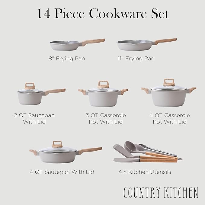 Country Kitchen Pots and Pans Set Nonstick, Cast Aluminum Kitchen Cookware Set with Utensils, 14 Pcs Non Stick Cooking Set w/Frying Pans & Saucepans