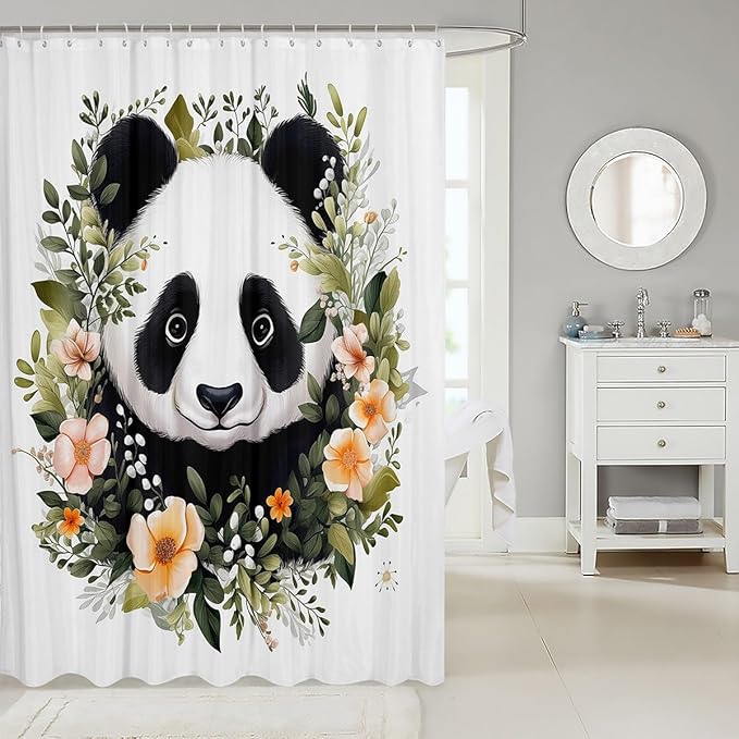 Feelyou Panda Shower Curtain Boys Girls Cute Cartoon Panda Fabric Shower Curtain for Kids Flower Botanical Bathroom Waterproof Accessories with 12 Hooks Animal Curtains,72x78 Inches