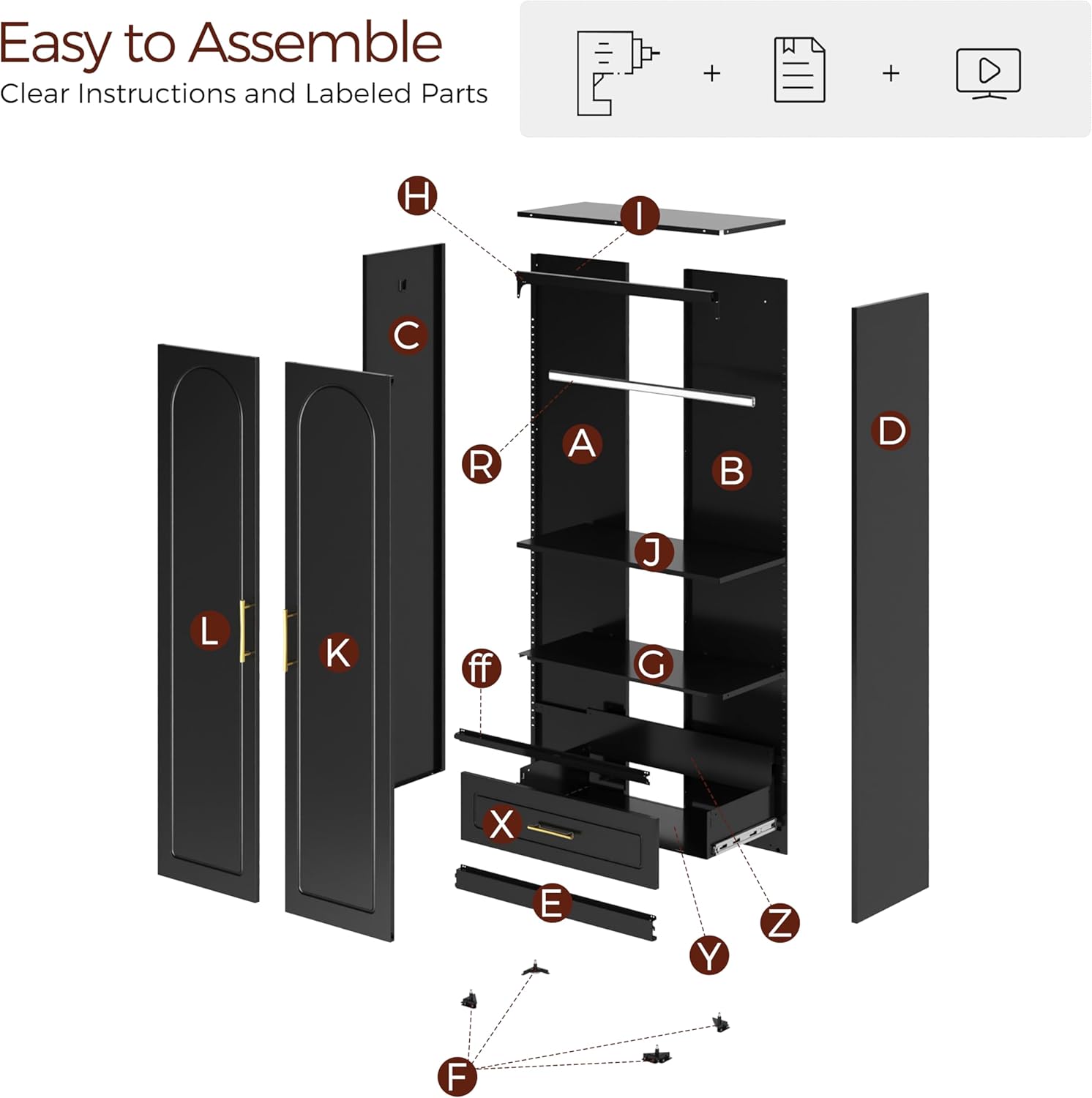 71" Metal Armoire Wardrobe Closet with 2 Doors and Drawer, Tall Wardrobe Cabinet with Hanging Rod and Adjustable Shelves, Black Clothing Storage Cabinets for Bedroom, Home Office