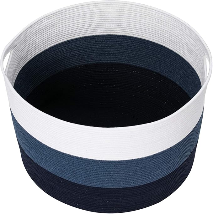 24" x 24" x 17" Max Size Large Cotton Rope Basket, Extra Large Storage Basket, Woven Laundry Hamper, Cloth Storage Bin, for Blankets Clothes Towels Pillows in Living Room, Dark Blue/Deep Blue