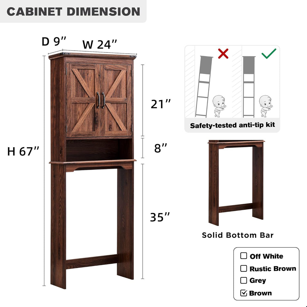 Over The Toilet Storage Cabinet, Farmhouse Bathroom Cabinet with Adjustable Shelf & Barn Door, 67" Tall Over The Toilet Shelf, Brown