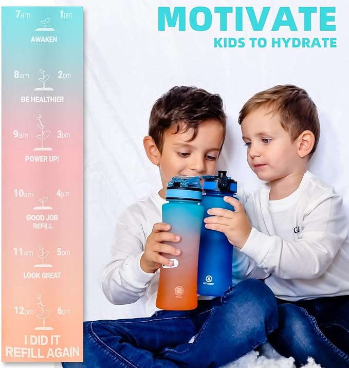 15oz Kids Sports Water Bottles for School with Spout Lid (Blue Pink Orange)