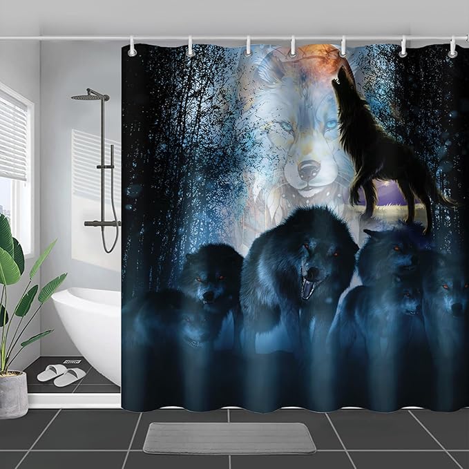 AILONEN Boys Wolf Shower Curtain for Bathroom Decor,3D Howling Wolf Ferocious Wolf Wildlife Decor Bath Curtain 72" W*78" H Polyester Fabric Waterproof Bathroom Curtain with 12 Hooks