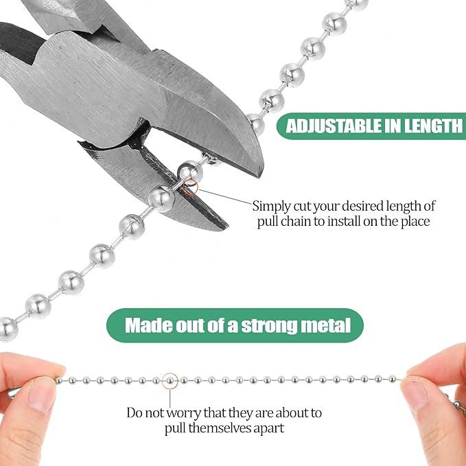 3 Pack Pull Chain String Extension Ceiling Fan Pull Chain Stainless Steel Switch Chain Extender wif Connector, for Ceiling Fan Light Fixture Light Bulb,1 Meter Length(Silver)