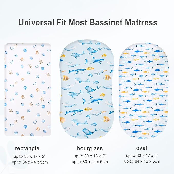 3 Pack Bassinet Sheets, Ultra Soft Breathable Comfortable Baby Sheet Set for Boys Girls Neutral, Univeral Fit for Most Cradle and Bassinet Mattress, Whale
