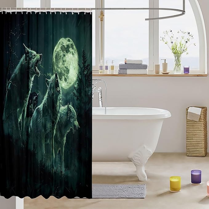 Feelyou Wolf Bath Curtain Wolves Howling Shower Curtain for Boys Girls Green woles Bathroom Shower Curtain Set Animal Wolves Kids Bathroom Accessories 72"x84"