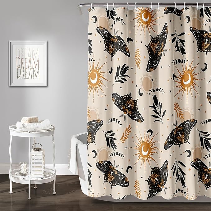 AILONEN Moth Shower Curtain,Sun and Moon Death Moth Bath Curtain for Bathroom Decor,Polyester Waterproof with 12 Plastic Hooks 60" W*72" H