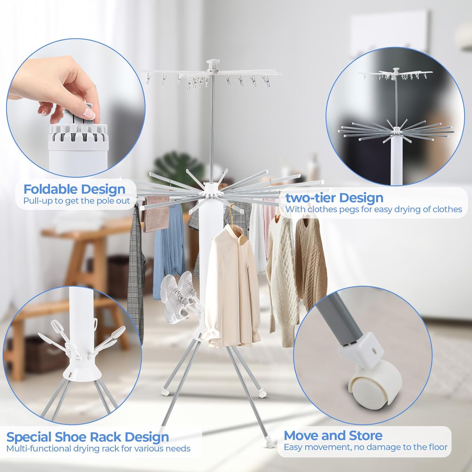 3 Tier Portable Clothes Drying Rackwith 4 Pulleys,Indoor and Outdoor Collapsible Rack Clothing with Shoe Drying Rack for Space Saving