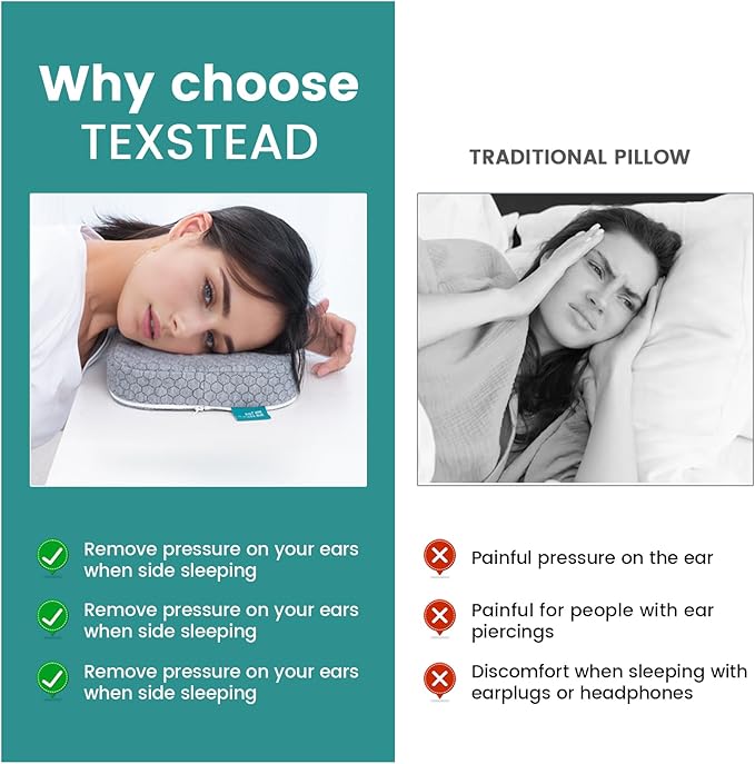 Ear Pillow with Ear Piercing for Side Sleeping, Ear Hole Memory Foam Pillows for CNH and Ear Pain Ear Inflammation Pressure Sores, Travel, Gray