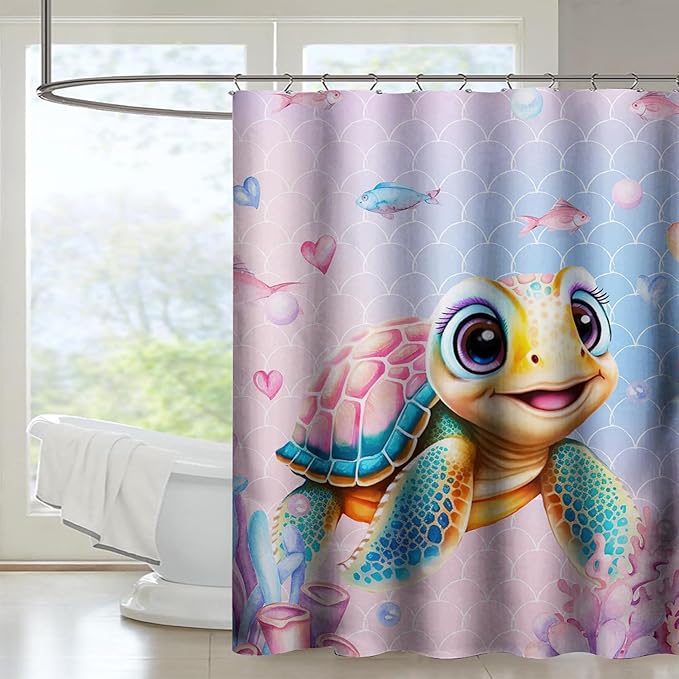 AILONEN Kawaii Sea Turtle Shower Curtain,Tie Die Turtle Bath Curtain Cloth Fabric Bathroom 48" W*72" H Inch,12 Pack Hooks for Kids Child,Watercolor Scale Bathroom Curtain