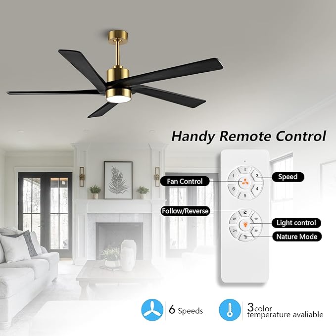 WINGBO 54 Inch DC Ceiling Fan with Lights and Remote Control, 5 Reversible Carved Wood Blades, 6-Speed Noiseless DC Motor, Modern Ceiling Fan in Brass Finish with Black Blades, ETL Listed