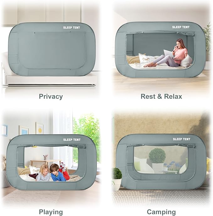 BORNA Bed Canopy Bed Tent Dream Tents Autism Shelter Cabin Indoor Sleeping Tents Privacy Warm Breathable Pop Up Twin Size Double Door with Mosquito Mesh Window for Kids and Adult (Pale Gray)