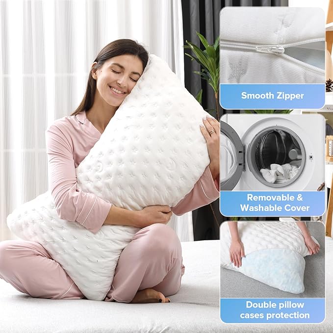 Cooling Side Sleeper Pillow for Neck and Shoulder Pain, Adjustable Shredded Memory Foam Bed Pillows for Sleeping, Ergonomic Curved Pillow with Extra Foam, Queen Size, Hypoallergenic Washable Cover