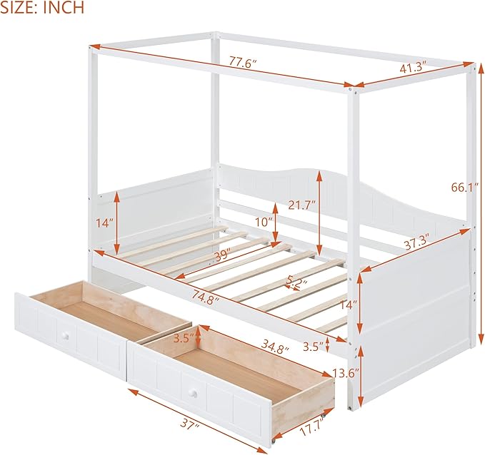 Twin Size Canopy Day Bed with 2 Drawers, White Finish, Sturdy Pine Wood and MDF, Built in Backrest, Space-Saving Design, Fits Curtains and Decorations,77.6"x 41.3"x66.1"