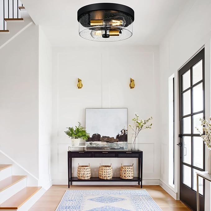 Flush Mount Ceiling Light Fixtures, 2-Light Black and Gold Ceiling Mount for Farmhouse with Seeded Glass Lampshade, Industrial Flush Mount Light Fixture for Hallway, Kitchen, Entryway and Foyer