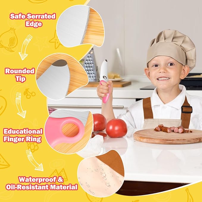 Kids Knife Set for Real Cooking with Educational Ring & Children Apron & Chef Hat- Children Training Knife Set-Pink