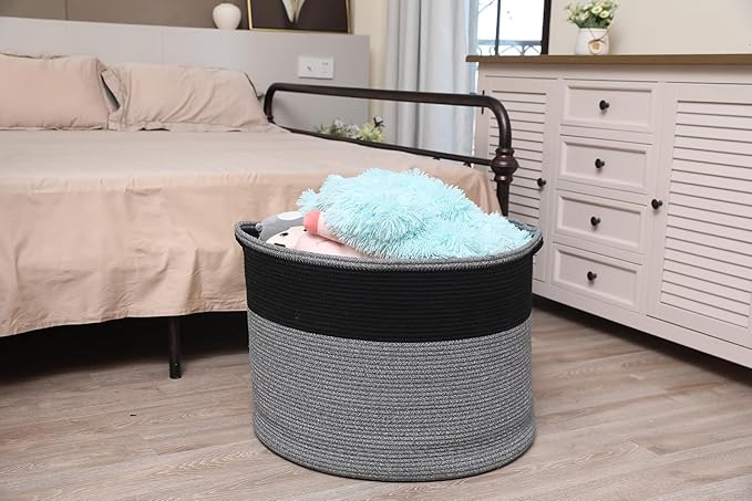 24" x 24" x 17" Max Size Large Cotton Rope Basket, Extra Large Storage Basket, Woven Laundry Hamper, Cloth Storage Bin, for Blankets Clothes Towels Pillows in Living Room, Black in Grey Mix