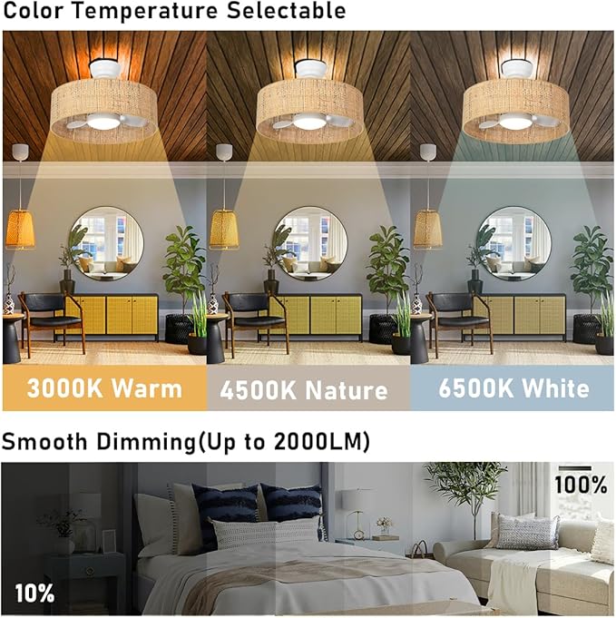 Boho LED Reversible DC Dimmable Ceiling Fan with Light Fixture and Remote Control,Caged Round Cage 3 Blade Small Drum Fandelier for Bedroom Indoor Kitchen Nursery Office Dining Room