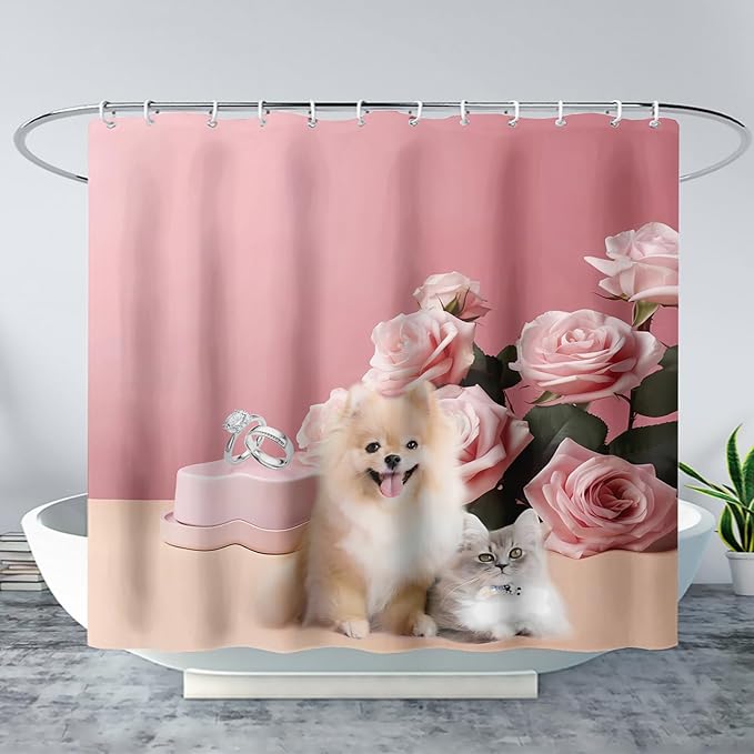 AILONEN Girls Pink Shower Curtain for Bathroom, Rose Flower and Cute Kawaii Dog Cat Pattern Bathroom Decor 48" W*72" H Bath Curtain Polyester Waterproof Shower Curtain with 12 Hooks