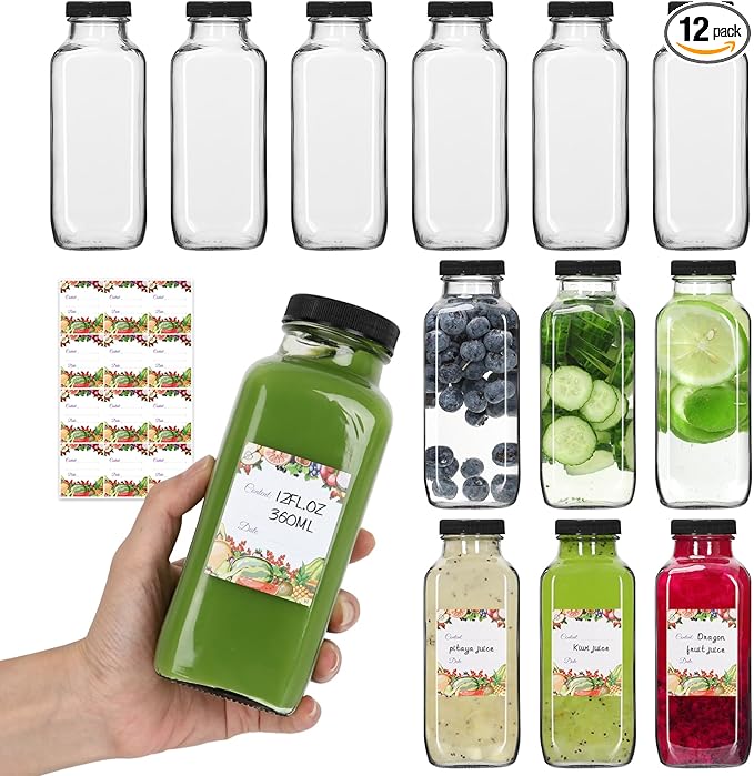12 oz Glass Bottles with Lids 12Pack, 360ml Glass Bottles for Juicing, Water, Kombucha - Portable Glass Juice Bottles with Lids 12 oz (12fl.oz, Set of 12)