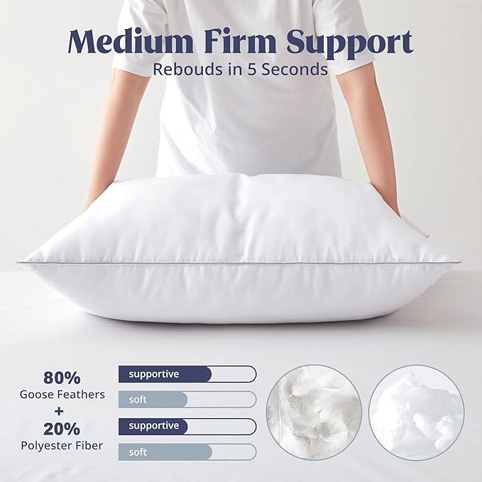 puredown® Goose Feather Bed Pillow with 100% Cotton Cover, 1 Pack, Standard Size Hotel Collection Pillow for Sleeping with Silver Piping