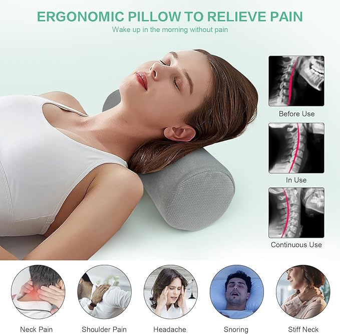 Cervical Neck Pillow, Roll Foam Pillows, Bolster Pillow, Round Neck Pillows Support for Sleeping | Bolster Pillow for Bed, Legs, Back and Yoga (Grey, 4")
