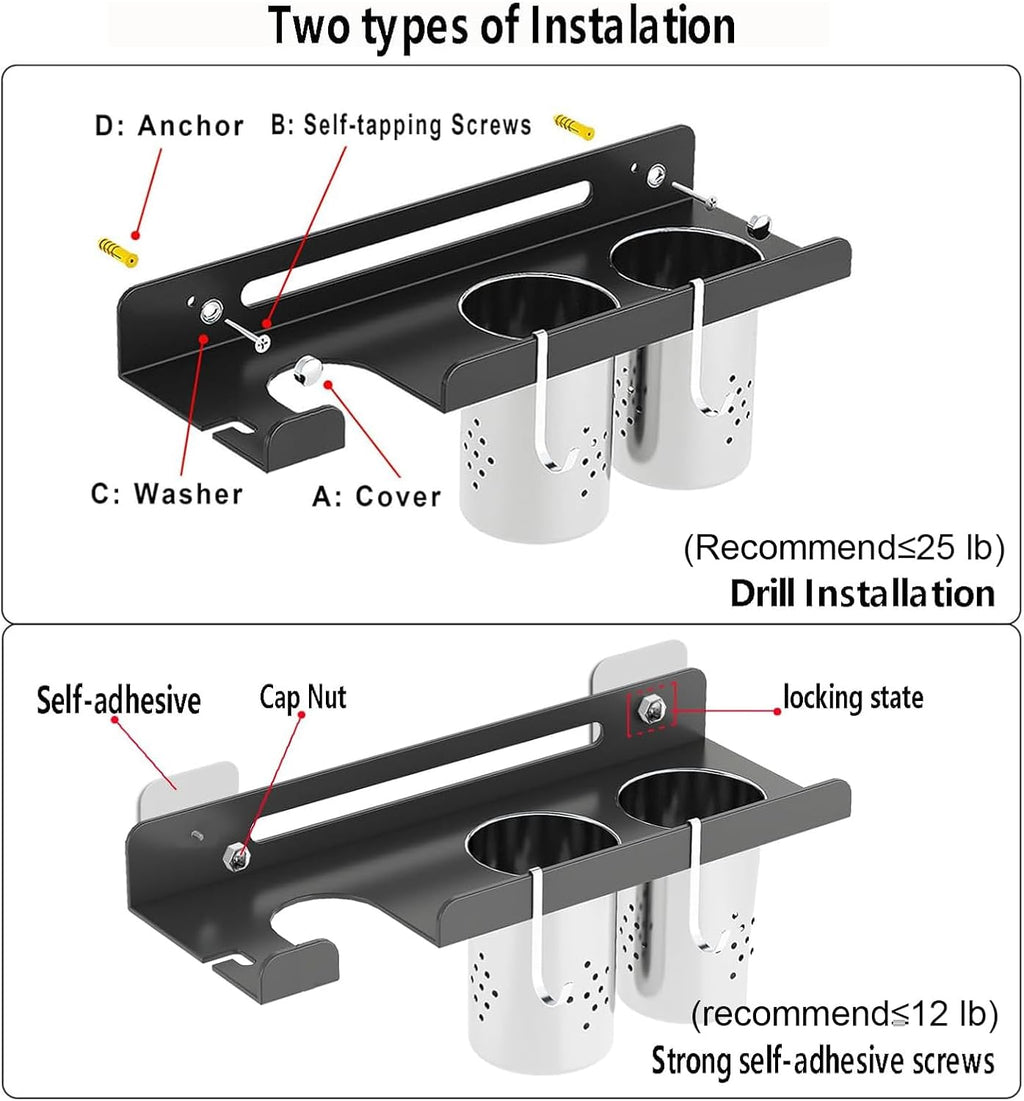 junyuan Hair Tool Organizer Wall Mount,Self Adhesive Hair Dryer Holder for Bedroom & Bathroom,Blow Dryer Holder for Dyson Hair Dryer,Stainless Steel Cups for Medium or Small Bathroom Storage 4" Width