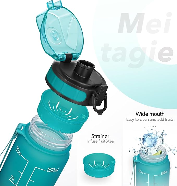 32oz Motivational Water Bottle with Time Marker & Fruit Strainer, Leak-proof BPA Free Non-Toxic Bottle with Carrying Strap, Perfect for Fitness, Gym and Outdoor Sports