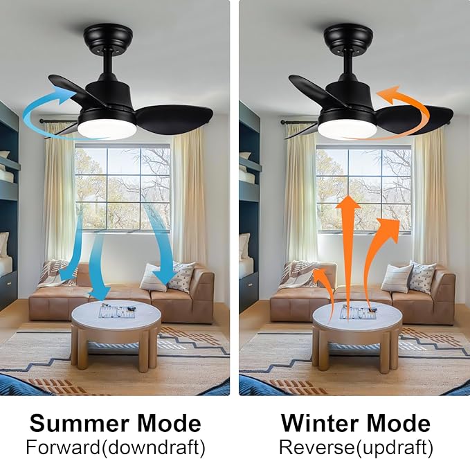 Black small Ceiling Fan with Light 24-Inch, Remote Control, 3-Color Dimmable, Reversible, 6-Speed - Ideal for Kitchen, Bedroom, Balcony, Study - Easy Installation