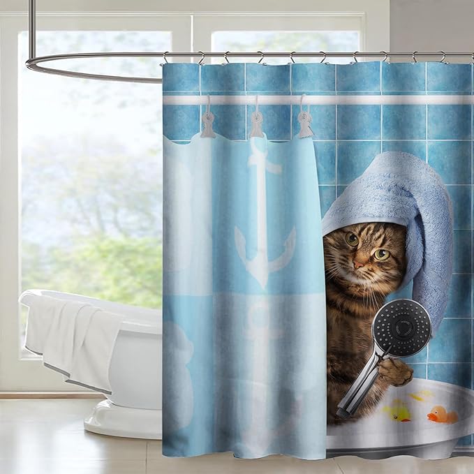 AILONEN Funny Cat Shower Curtain for Kids 72" W*72" H Inch,Cute Kitten Taking Shower Bathroom Curtain,12 Pack Hooks Polyester Waterproof Fabric Decor for Bathroom,Blue