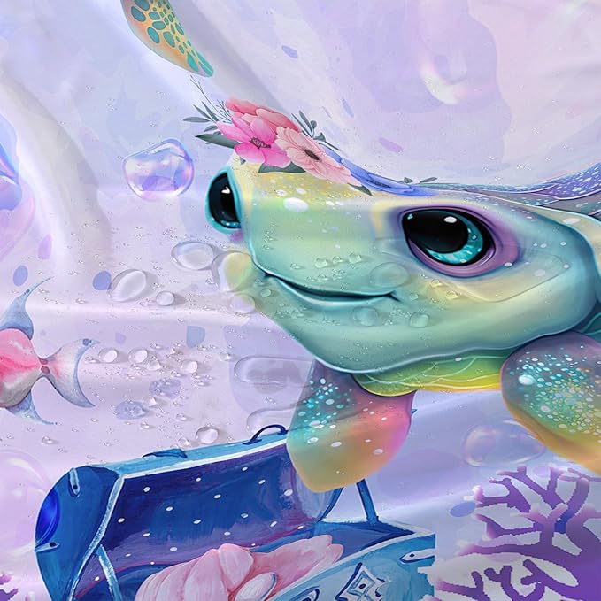 AILONEN Kawaii Sea Turtle Shower Curtain,Tie Die Ocean Animal Themed Bath Curtain Cloth Fabric Bathroom 72" W*72" H Inch,12 Pack Hooks for Kids,Sea Animal with Treasure Box Bathroom Curtain