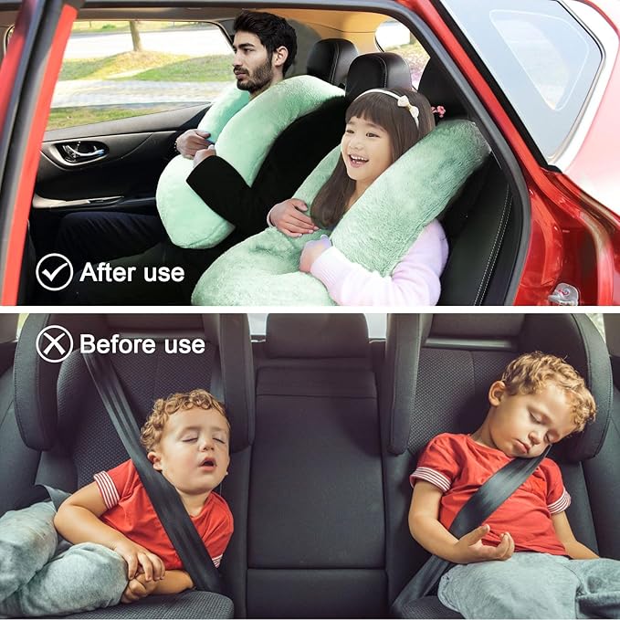 Travel Pillow, Travel Pillow for Kids, Sleeper Hold Pillow Travel, Removable U-Shaped Pillow for Adults and Children to Support Head and Body in The Back Seat of Long Car Trips (LightGreen)