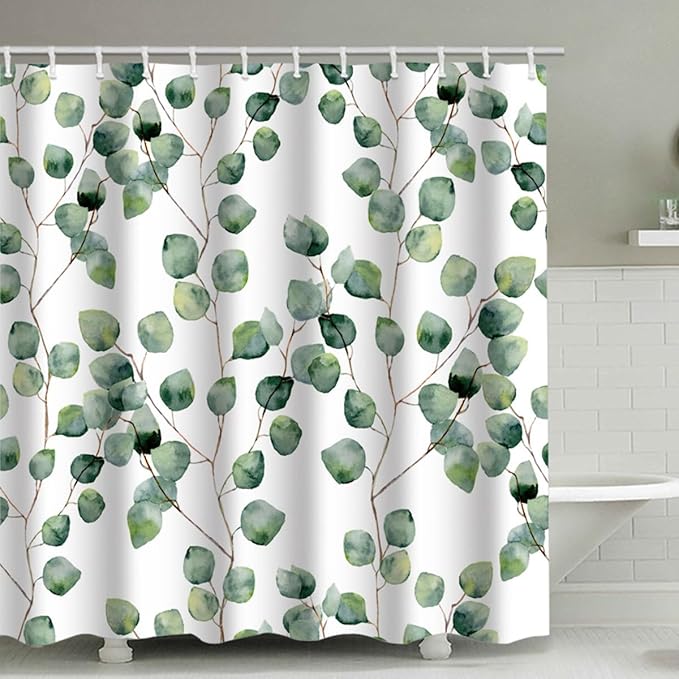 Shower Curtain Watercolor Green Floral Leaf for Bathroom Decor, 70.8" x 78.7" Waterproof Polyester Fabric Plant Shower Curtain Art Bath Curtain with 12 Hooks