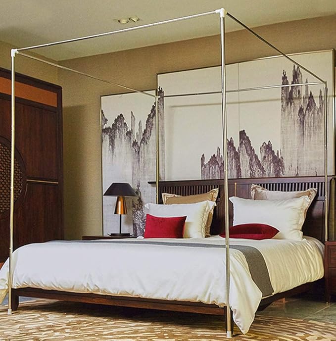Mengersi Canopy Bed Frame Post Poles King Size Stainless Steel 4 Corner Canopy Bed Curtains Frame Bracket Fit for Metal and Wood Bed