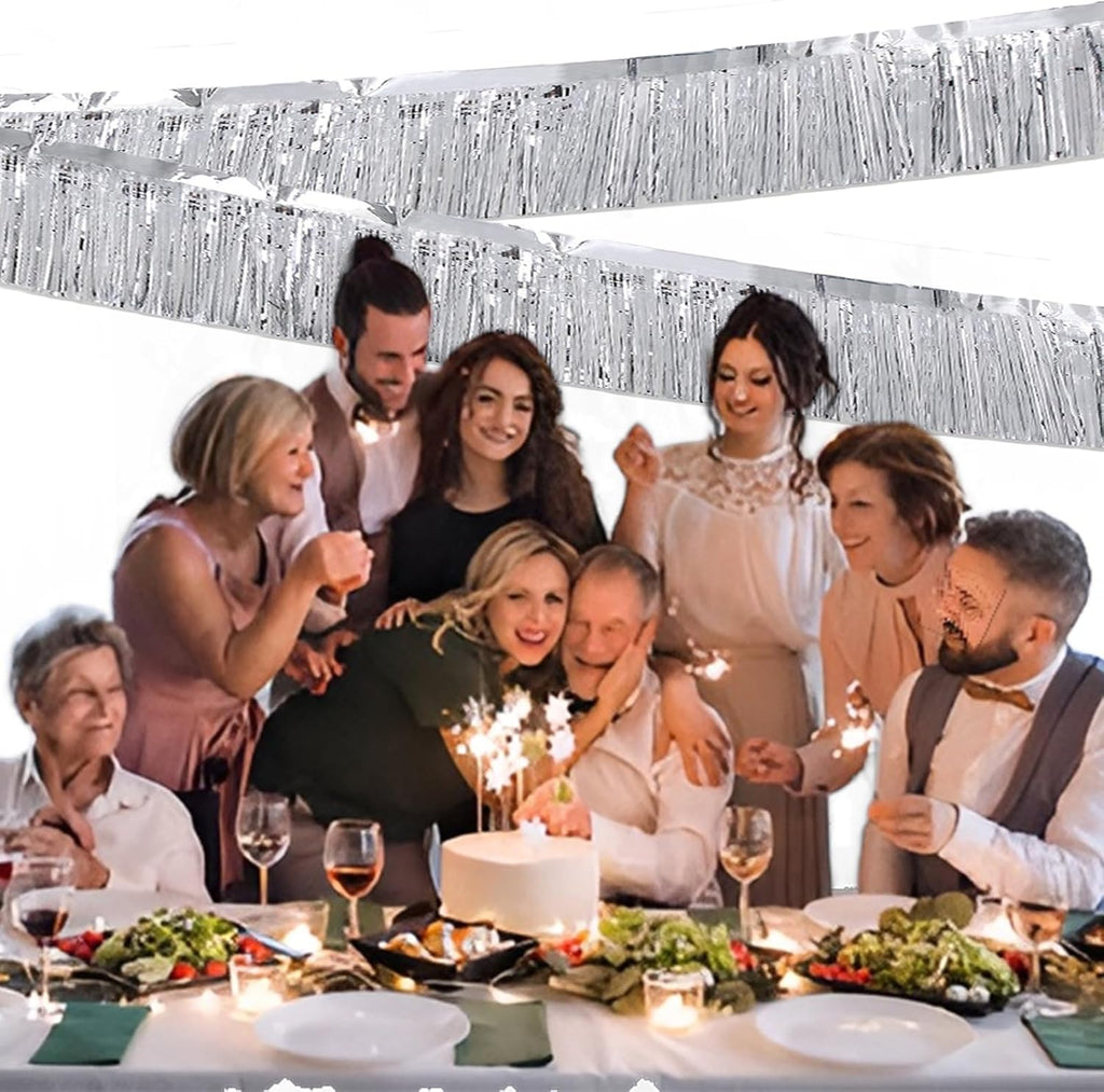 Silver Foil Fringe Garland 10FT 2packs, Metallic Foil Tinsel Fringe Banners for Parade Float Decorations Wedding, Birthday Party Graduation (Two Silver)