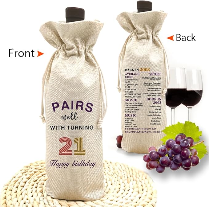 21th Birthday Wine Bag, Presents for 21st Birthday, 21 Years Old Gift Idea Wine Bag for Her Girl Friend, Sister, Birthday Party Decorations - Cotton linen drawstring wine bags (21 BIRTHDAY)