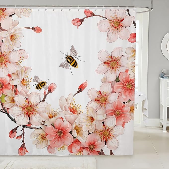 Feelyou Peach Blossom Shower Curtain Boys Girls Flower Floral Fabric Shower Curtain for Kids Honey Bathroom Waterproof Accessories with 12 Hooks Pink Curtains,72x78 Inches