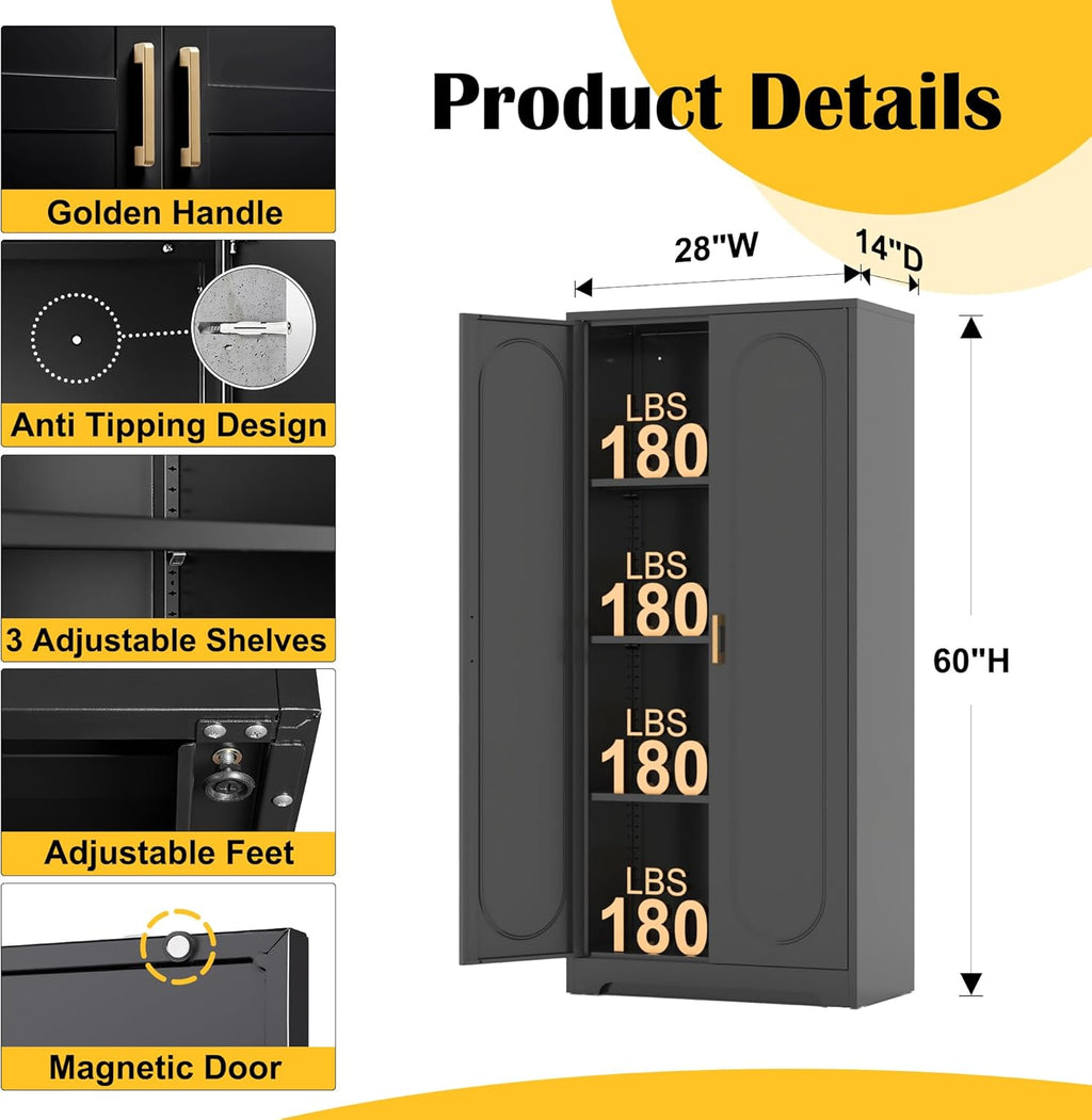 Metal Kitchen Storage Cabinets,60”Pantry Cabinet with Doors and 4 Adjustable Shelves,Tall Black Cabinet for Pantry, Laundry Room,Living Room,Dinning Room