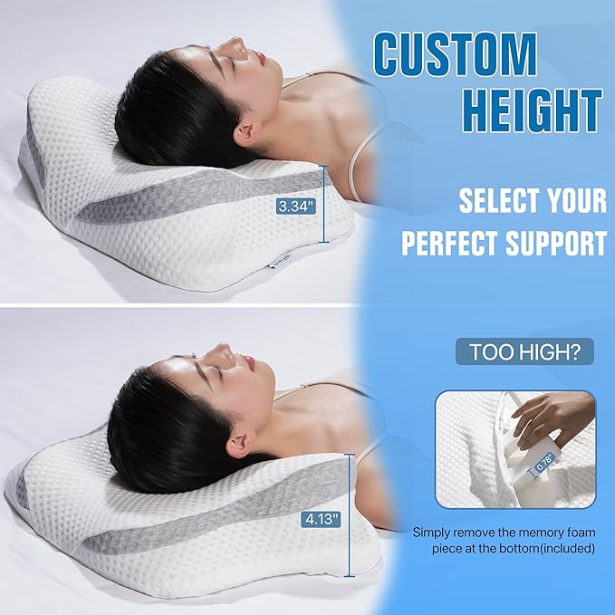 5-Zone Cervical Neck Pillow for Pain Relief, Adjustable Height Contour Memory Foam Pillow for Side Sleepers and Back Sleepers, Ergonomic Orthopedic Bed Pillow for Women, Girls