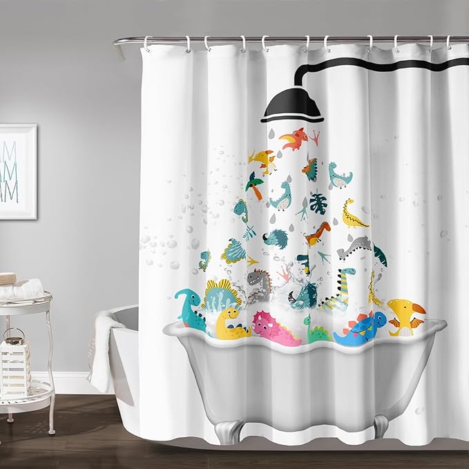 AILONEN Cute Dinosaur Shower Curtain for Kids 48" W*72" H Inch,Funny Dinosaur Animals Playing Water Shower Curtains,12 Pack Hooks Polyester Waterproof Fabric Decor for Bathroom Bathtub Panels