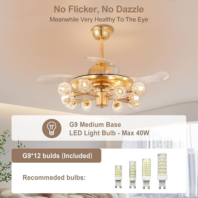 48" Chandelier Ceiling Fans with Lights: 12-Light Sputnik Crystal Ceiling Fan Chandelier - Modern Retractable Fandelier Ceiling Fan for Dining Living Room Bedroom - Gold Fandelier with Lights