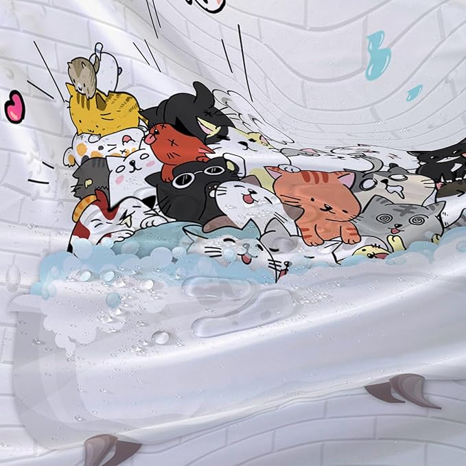 AILONEN Cute Cats Shower Curtain for Kids 36" W*72" H Inch,Kawaii Hilarious Funny Cat Pet Playing Water Shower Curtain,12 Pack Hooks Polyester Waterproof Fabric Decor for Bathroom Bathtub Panels
