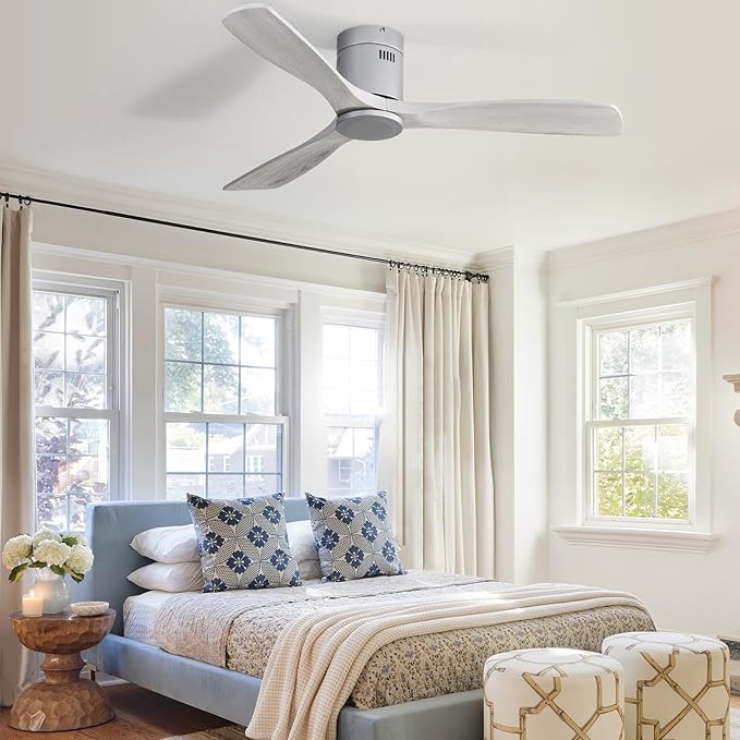 Sofucor 52" Flush Mount Ceiling Fan no Light and Remote Control, Outdoor Indoor Ceiling Fans without Light, Quiet Energy Saving with 6 Speeds, Timer, Silver